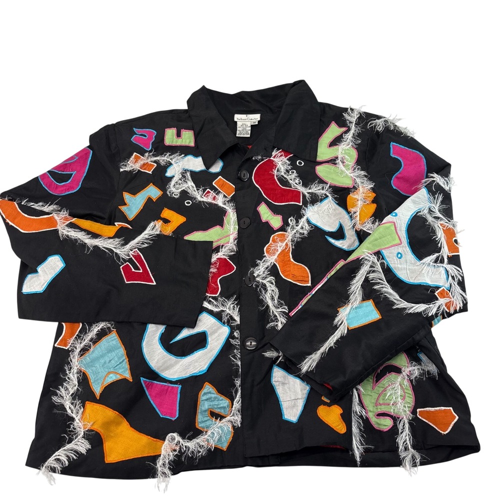 The Travel Collection Silk Blend Abstract Art to Wear Fringe Jacket Black 1X
